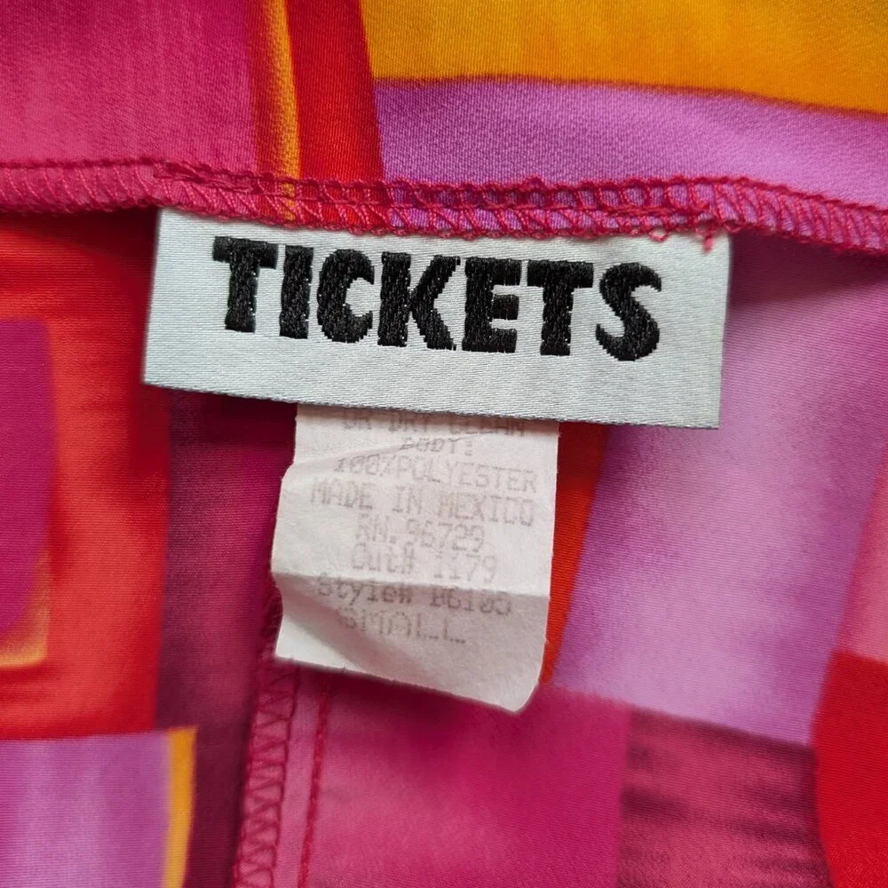 90s Vintage Tickets Mini Dress Windowpane Pink Orange Red Squares Tie Back - Picture 9 of 10